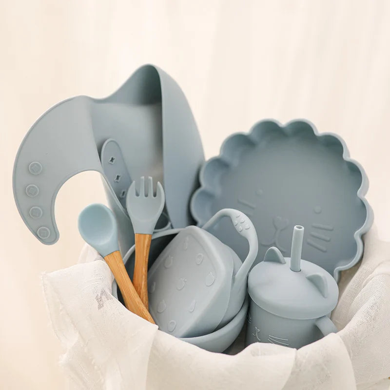 Axya Silicone Baby Feeding Set: Bowl, Spoon, Cup, Non-slip Dish, BPA-Free