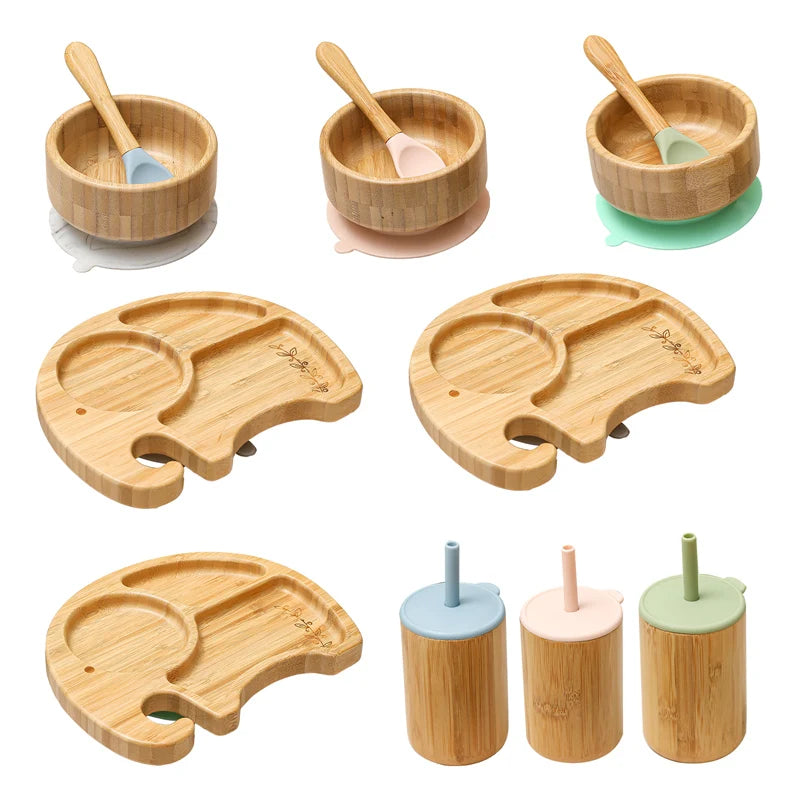 Axya Elephant Wooden Dinner Plate Set with Silicone Suction Cup