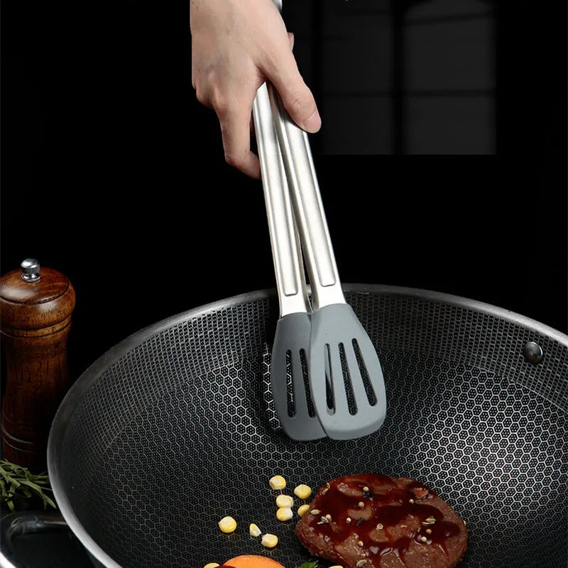 Axyaa Stainless Steel Kitchen Bread Tongs with No-Slip Handle