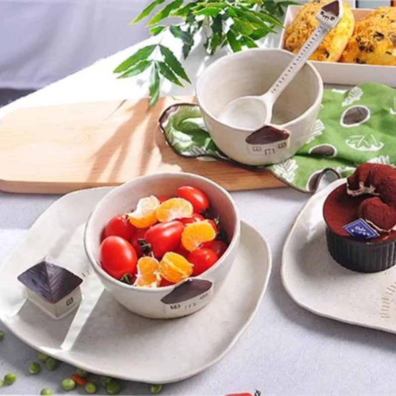 Axya Handmade Stoneware Greenhouse Ceramic Plate Bowl Spoon Set for Kitchen and Dining