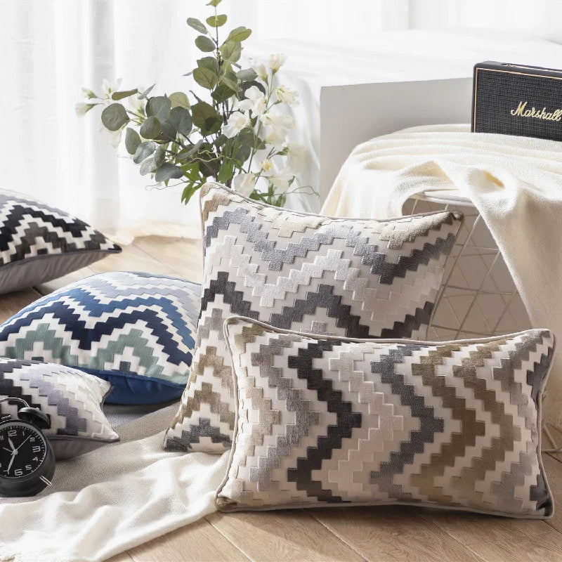 Axyaa Velvet Cushion Cover Zigzag Pattern Soft Pillow Cover in Grey Coffee Blue - 45x45cm/30x50cm/50x50cm