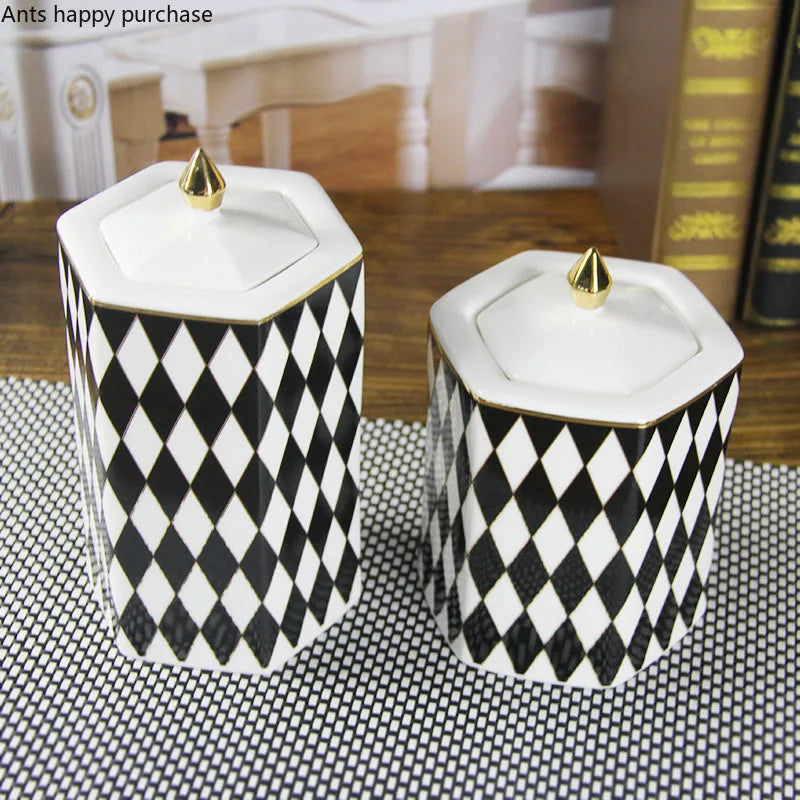 Axya Geometric Black & White Grid Ceramic Storage Jar with Cover