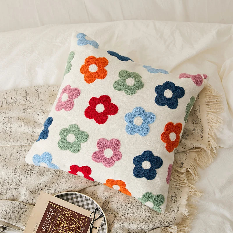 Chic Daisy Dandelion Embroidery Cushion Cover by Axyaa