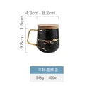 Axyaa 300ml Marble Ceramic Tea Coffee Cups with Wood Saucers, Black White Gold Inlay