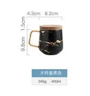 Axyaa 300ml Marble Ceramic Tea Coffee Cups with Wood Saucers, Black White Gold Inlay