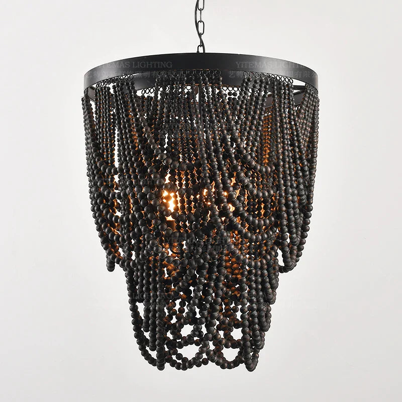 Axyaa Antique Wood Beaded Black Pendant Chandelier for Foyer, Dining, Bedroom, Kitchen