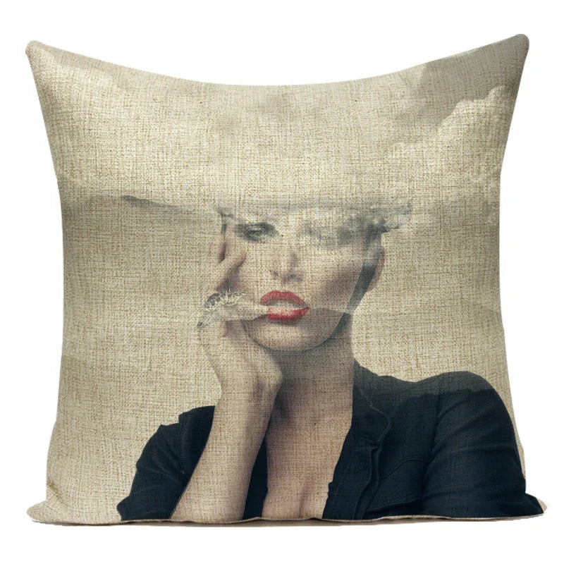 Axyaa Retro Art Woman Abstract Linen Cushion Cover Decorative Throw Pillow