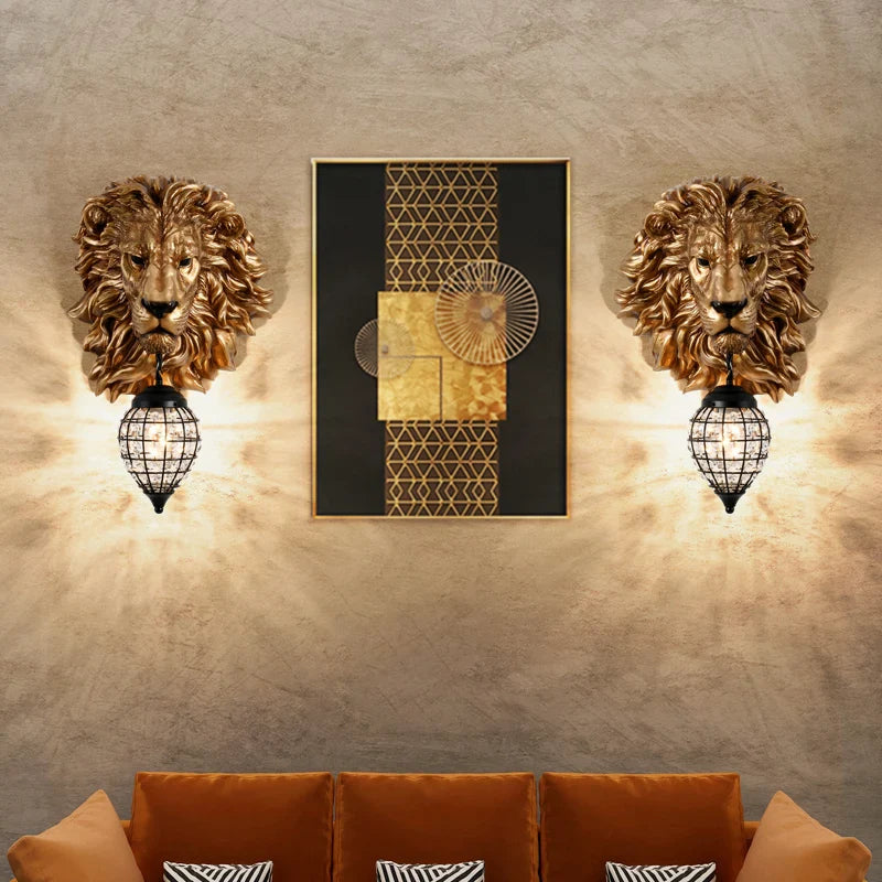 Axyaa Nordic Black Gold Lion Wall Sconce Head Resin Art Luxury Decor Lighting