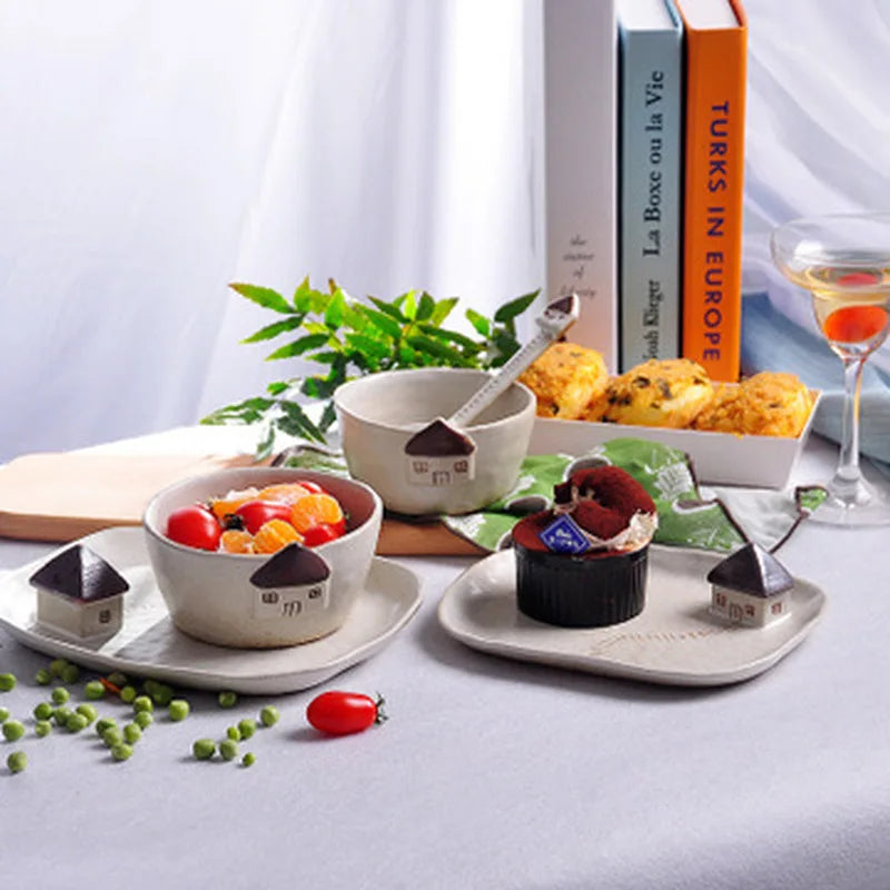 Axya Handmade Stoneware Greenhouse Ceramic Plate Bowl Spoon Set for Kitchen and Dining