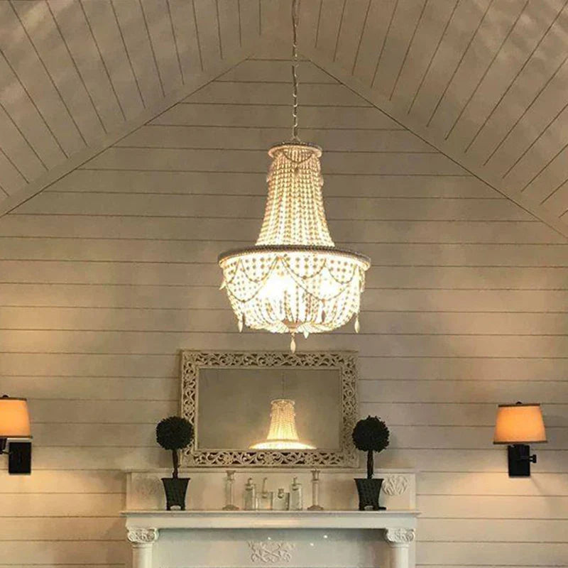 Axyaa Retro Grey Wood Beaded Chandelier 5-Light - Vintage White Wood - Kitchen, Living Room, Bedroom