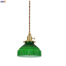 Axyaa Green Glass LED Pendant Light with Wood Hangle & Copper Socket