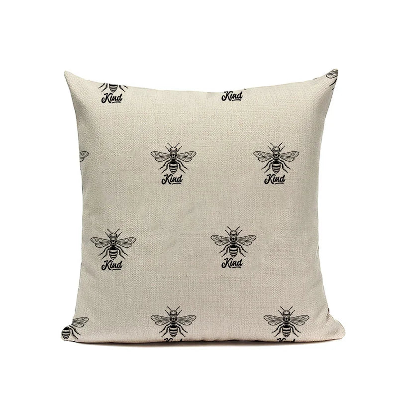 Axyaa Bee Pattern Linen Cushion Cover - Nordic Decorative Throw Pillow Case