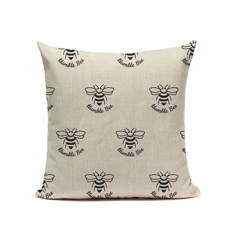 Axyaa Bee Pattern Linen Cushion Cover - Nordic Decorative Throw Pillow Case