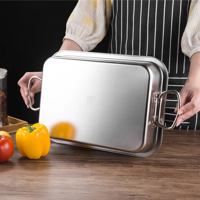 Axyaa Stainless Steel Food Storage Tray with Handles for Baking and Serving