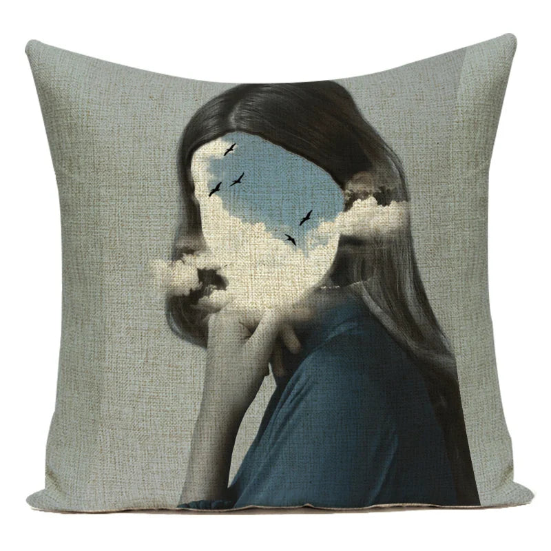 Axyaa Retro Art Woman Abstract Linen Cushion Cover Decorative Throw Pillow