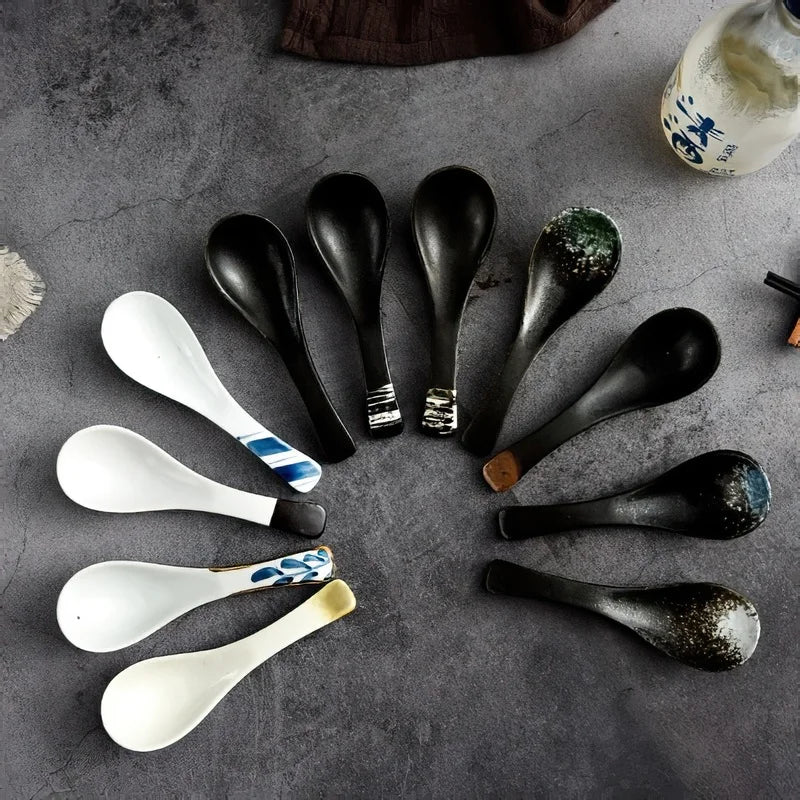 Axya Japanese Retro Bone Ceramic Spoon, Green and Black Rice Scoop, 14.5*4.5cm