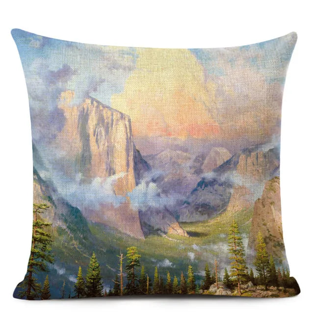 Axyaa City Landscape Oil Painting Cushion Cover | Autumn Winter Art Decor Pillow Case