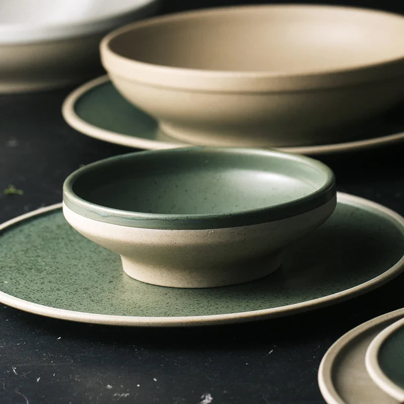 Axya Mint Ceramic Dinner Plate, Western Steak & Salad Bowl Set
