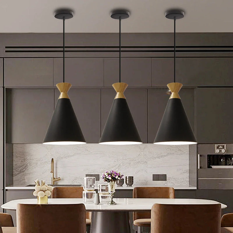 Axyaa Wood Iron Pendant Light: Modern Nordic Black Chandelier for Home Decor