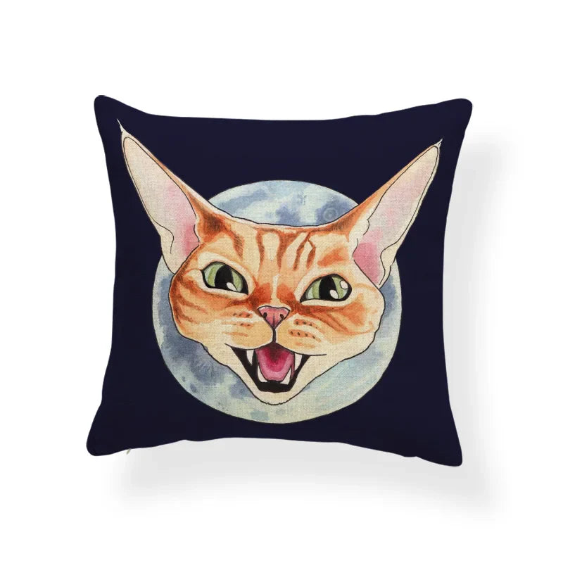 Axyaa Tropical Cat Cushion Cover Moon Blue Cotton Linen Pillow Case