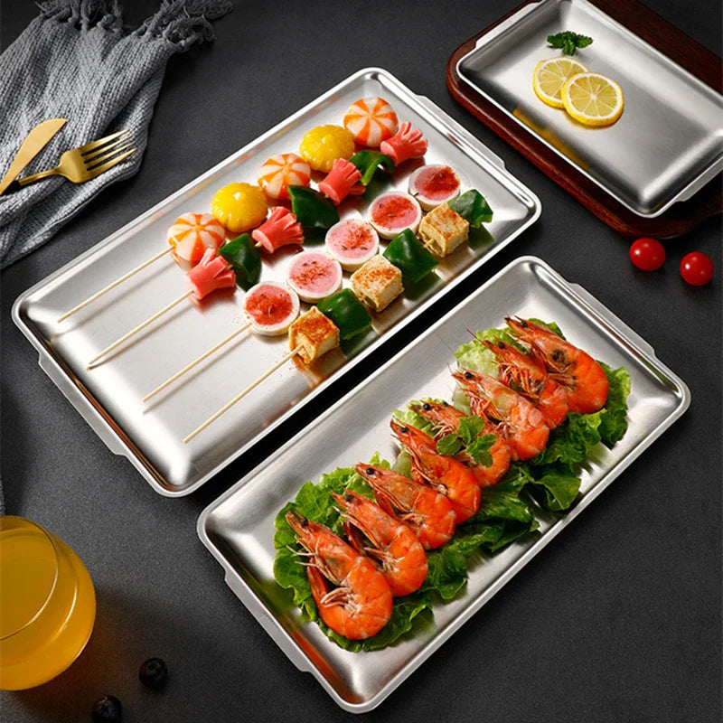 Axyaa Stainless Steel Rectangular Food Storage Tray for Sushi BBQ Baking Pan