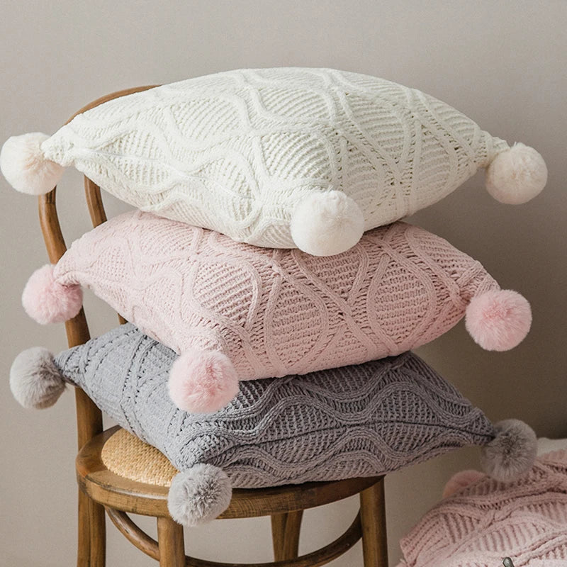 Axyaa Chenille Knit Cushion Cover 45x45cm With PomPom Ball - Pink/Grey/Cream - Home Decor Pillow Case