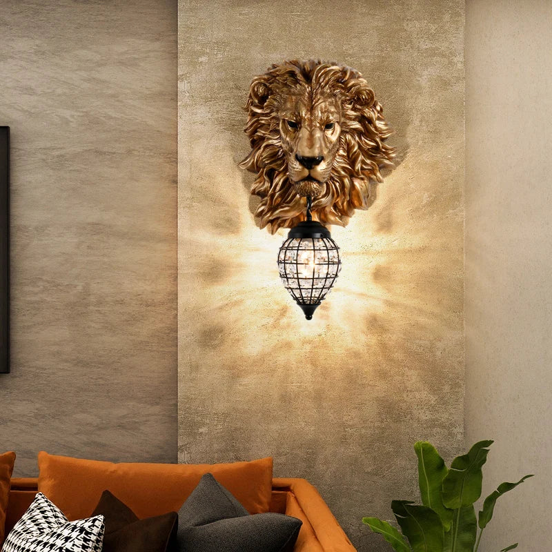Axyaa Nordic Black Gold Lion Wall Sconce Head Resin Art Luxury Decor Lighting