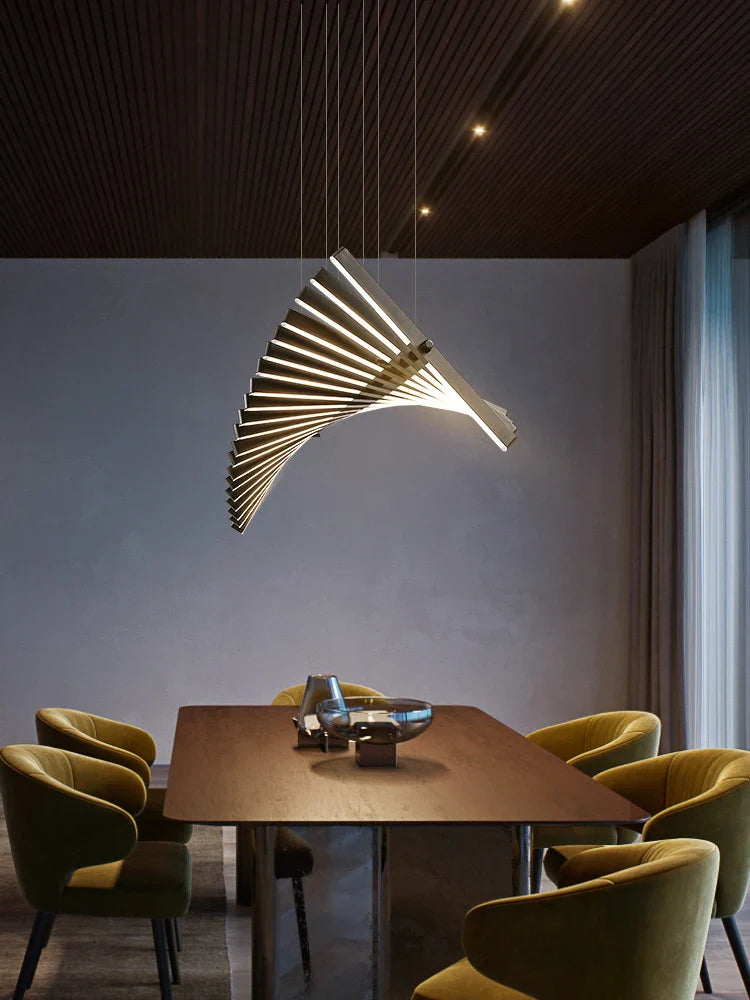 Nordic minimalist linear fishbone chandelier for dining room and office by Axyaa.