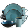 Axyaa Vintage Blue/Brown Stoneware Tableware Set: Plates, Bowls, Cups - 16/32/48 Pieces
