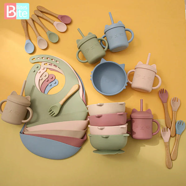 Axya Silicone Baby Tableware Set - Cartoon Cat Design, Anti-Slip, BPA Free