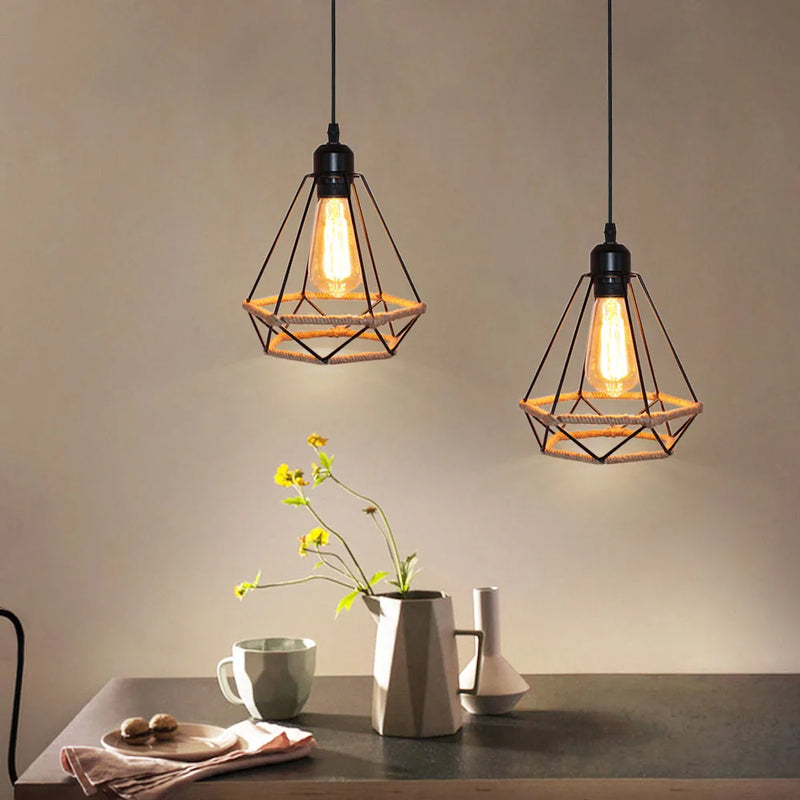 Axyaa Black Iron Industrial Pendant Light, Diamond Shape Cage Design