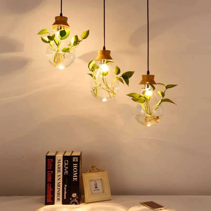 Axya Wood Glass Bottle Pendant Light for Modern Plant Decor