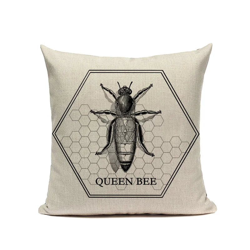 Axyaa Bee Pattern Linen Cushion Cover - Nordic Decorative Throw Pillow Case