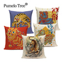 Axyaa Cartoon Tiger Lion Dance Pillow Case Cover for Bed Sofa Decoration