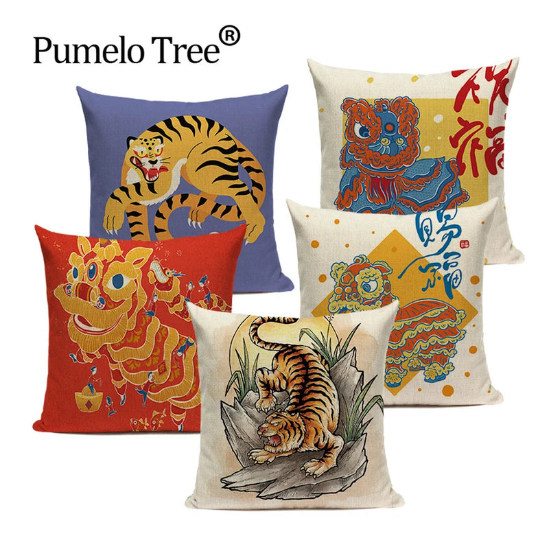 Axyaa Cartoon Tiger Lion Dance Pillow Case Cover for Bed Sofa Decoration