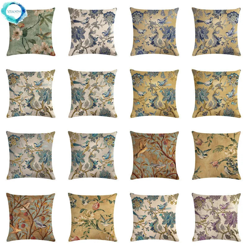 Axyaa Bird Print Cotton Linen Cushion Cover 45X45cm