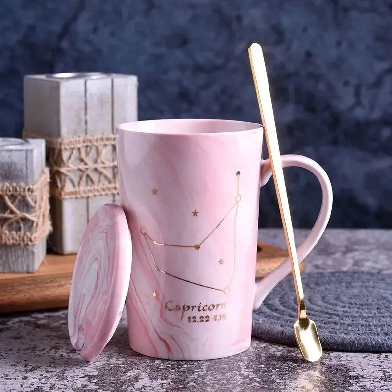 Axya 12 Constellations Ceramic Mug Set with Spoon Lid, 400ML White Porcelain Zodiac Cup