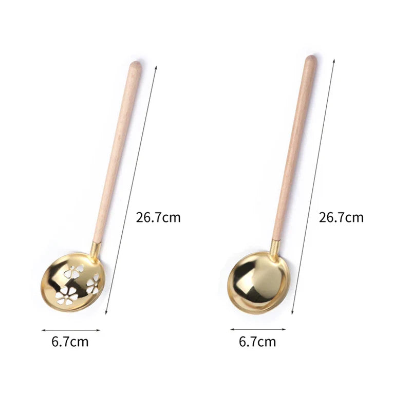 Axyaa Wooden Spoon with Stainless Steel Long Handle for Kitchen Dining Tableware