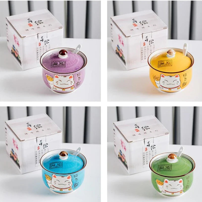 Axya Blue Lucky Cat Condiment Bottles Set with Spoon, Japanese Style Spice Jar