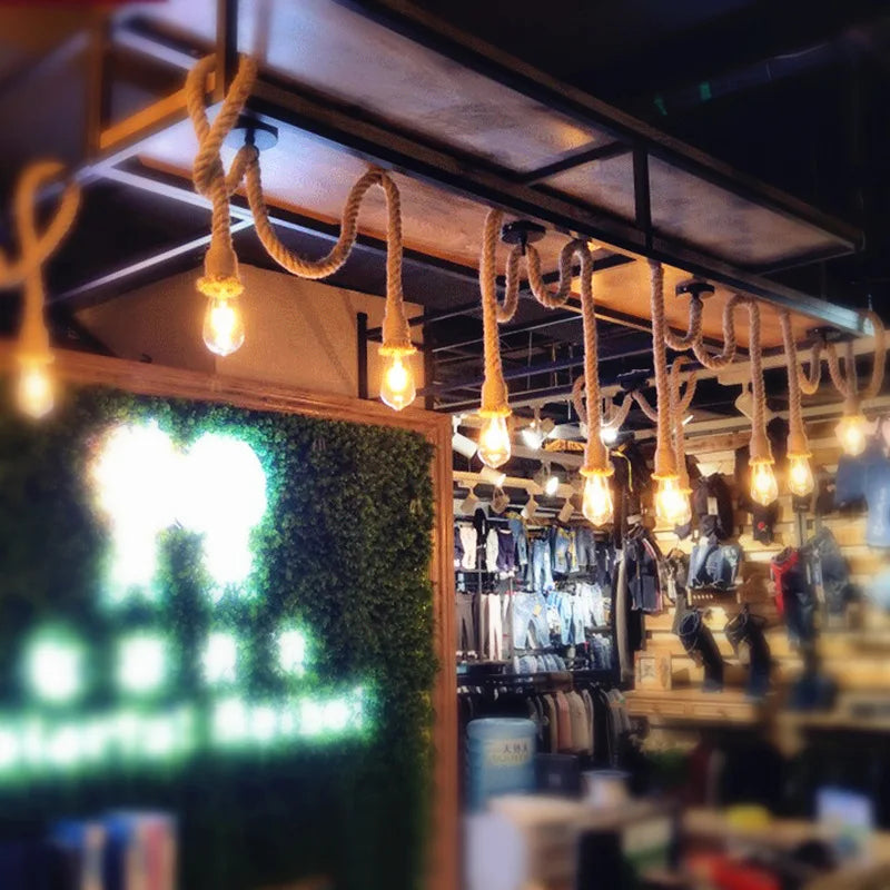Axyaa Retro Hemp Rope Pendant Light with E27 LED Bulb - Industrial Vintage Hanging Lamp