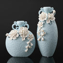Axyaa Blue Ceramic Vase with Embossed Flowers for Home Decor