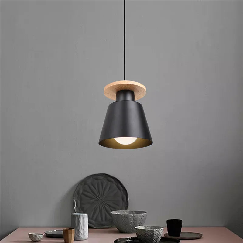 Axyaa Wood Iron Pendant Light: Modern Nordic Black Chandelier for Home Decor