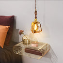 Axyaa Wood Copper Pendant Lights Flush Japanese Style Amber Glass LED Lamp