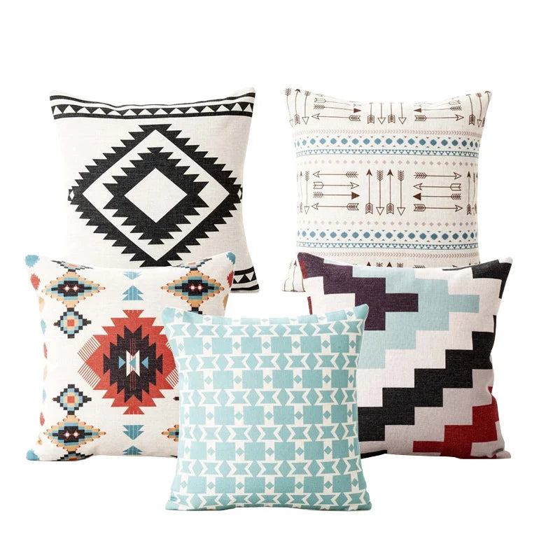 Axyaa Black & White Linen Sofa Cushions Cover - Nordic Bohemian Ethnic Grey Geometric Pillow Cover