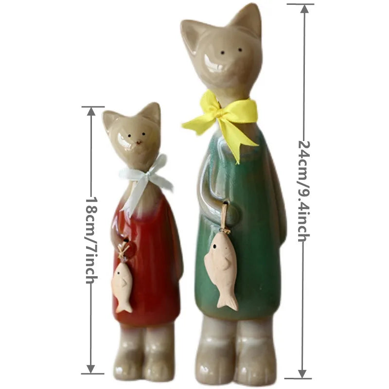 Axya™ Rustic Ceramic Cat Home & Garden Decor Set, Creative Porcelain Kitty Room Decoration