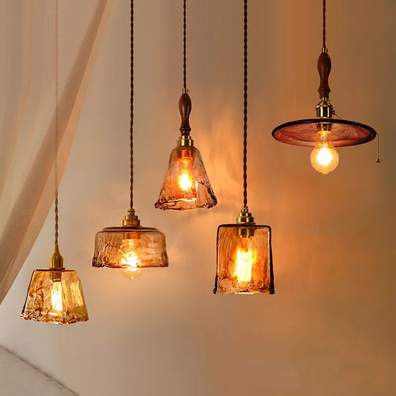 Axyaa Wood Copper Pendant Lights Glass Japanese Style Edison Hanging Lamp