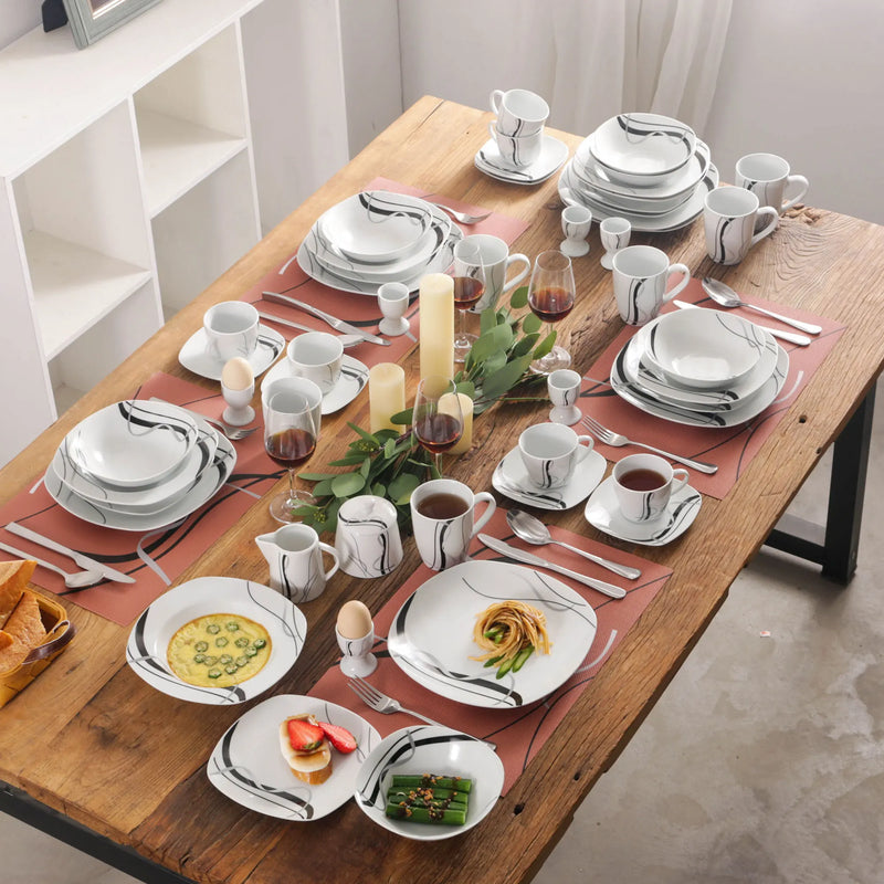 Axya 50-Piece Porcelain Dinner Set with Egg Cup, Cup & Saucer, Mug, Plates, Bowls, Jug, Pot