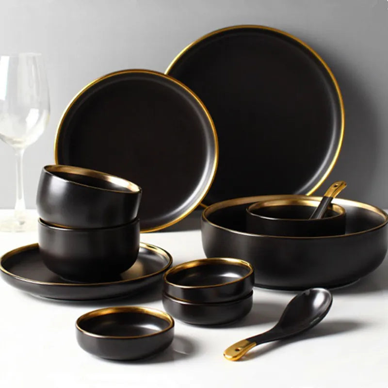 Axya Black Porcelain Dinner Plates Set with Cutlery for Food Dishes