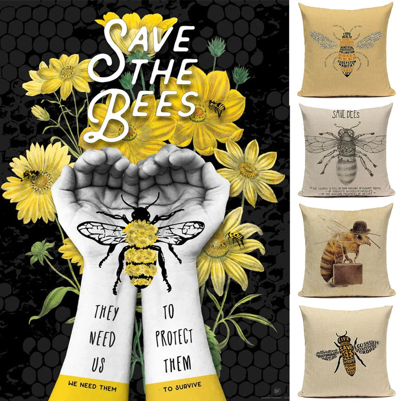 Axyaa Bee Pattern Linen Cushion Cover - Nordic Decorative Throw Pillow Case