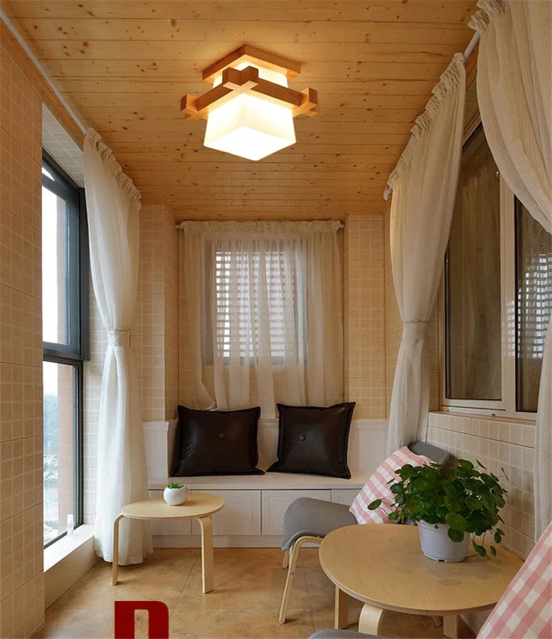 Axyaa Wooden Glass Ceiling Light with E27 LED for Hallways and Balcony